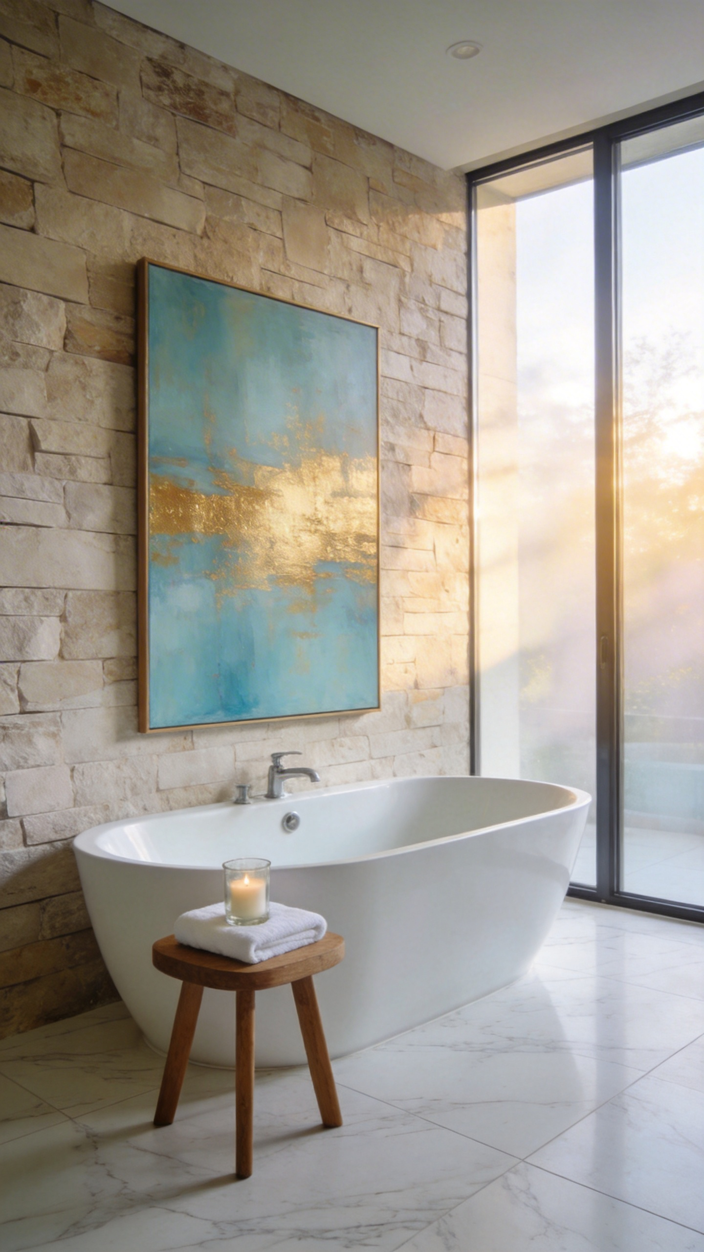 A large abstract canvas painting hanging above a modern freestanding bathtub in a bright luxurious marble bathroom.