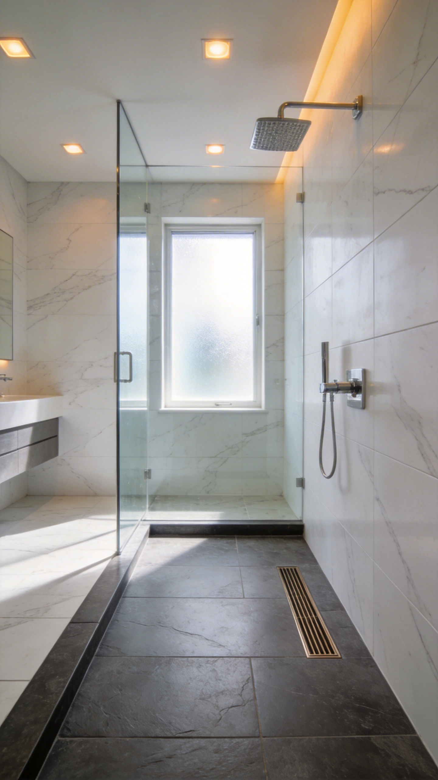 A modern master bathroom showing a seamless transition between the main floor and a zero-entry walk-in shower with grey porcelain tiling.